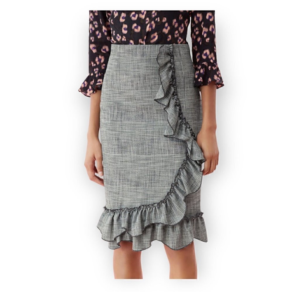 NWT Rebecca Tayler Black and Whie Glen Plaid Ruffle Skirt, size 0